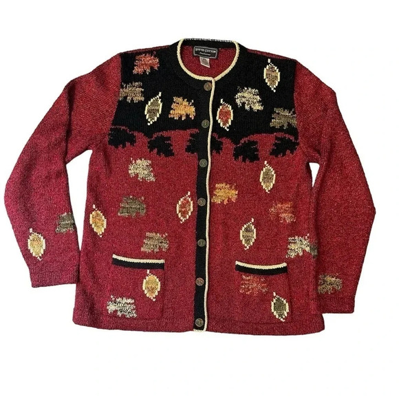 Vntge South Cotton Fall button up Cardigan Hand Loomed Autumn Leaf Pattern Sz XL - Picture 5 of 11